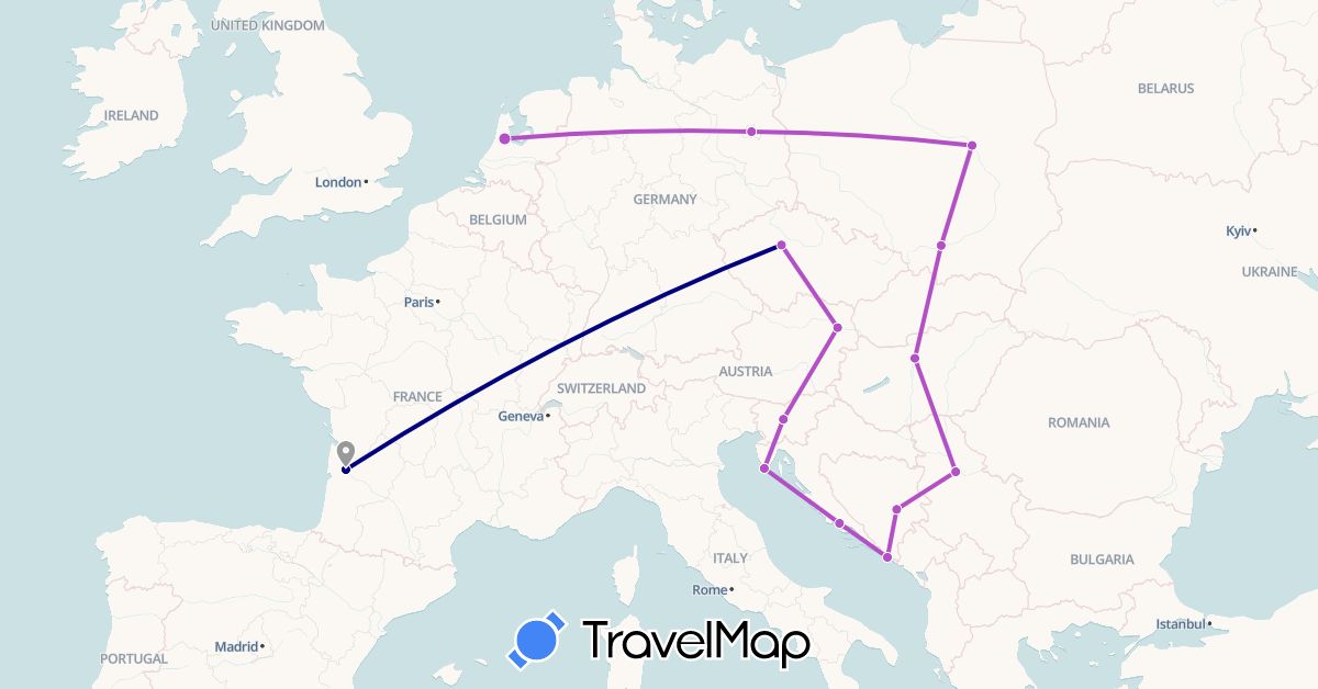 TravelMap itinerary: driving, plane, train in Austria, Bosnia and Herzegovina, Czech Republic, Germany, France, Croatia, Hungary, Netherlands, Poland, Serbia, Slovenia (Europe)
